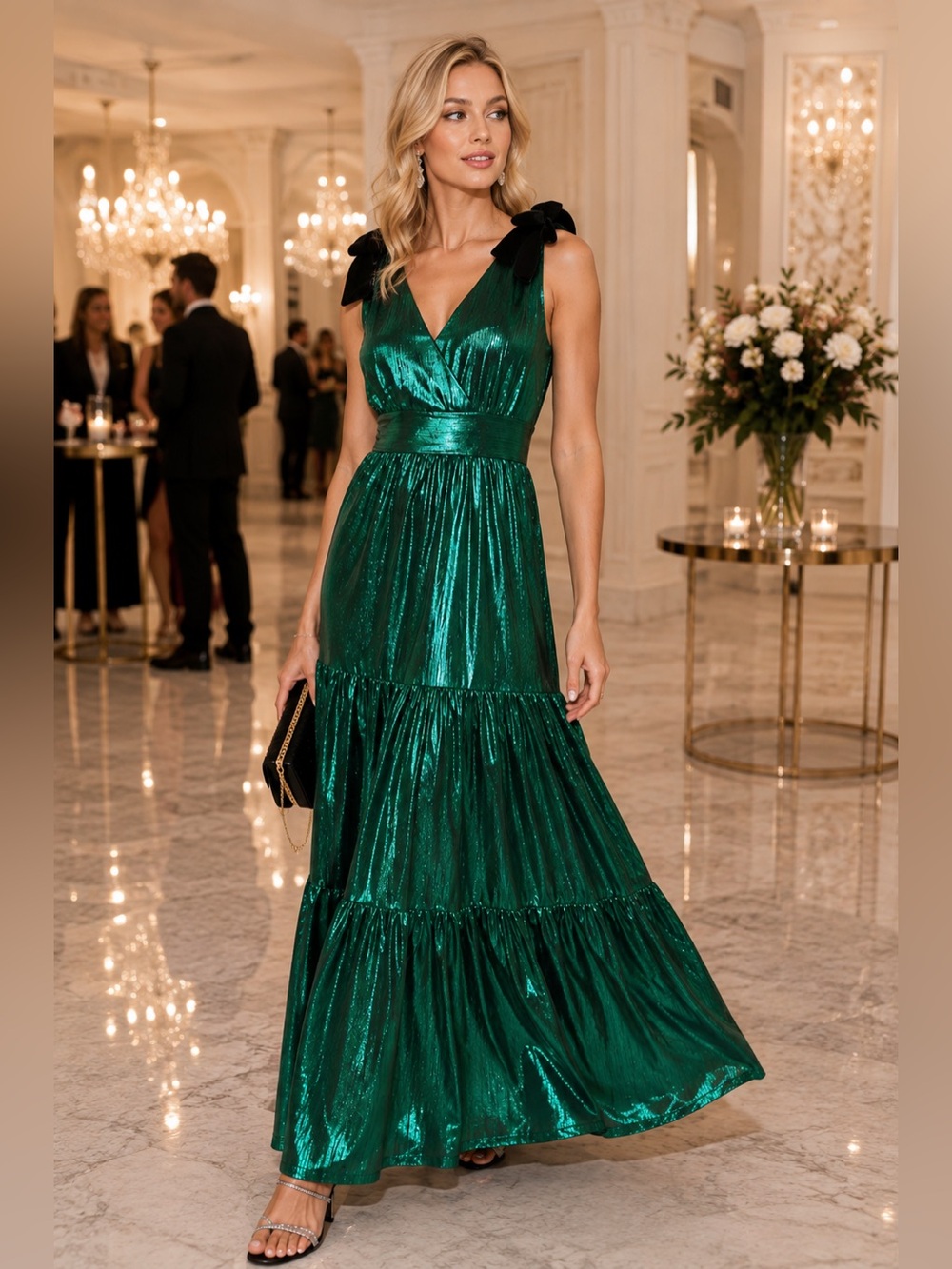 NWT Liquid Satin Emerald Green Metallic V-Neck Maxi Dress